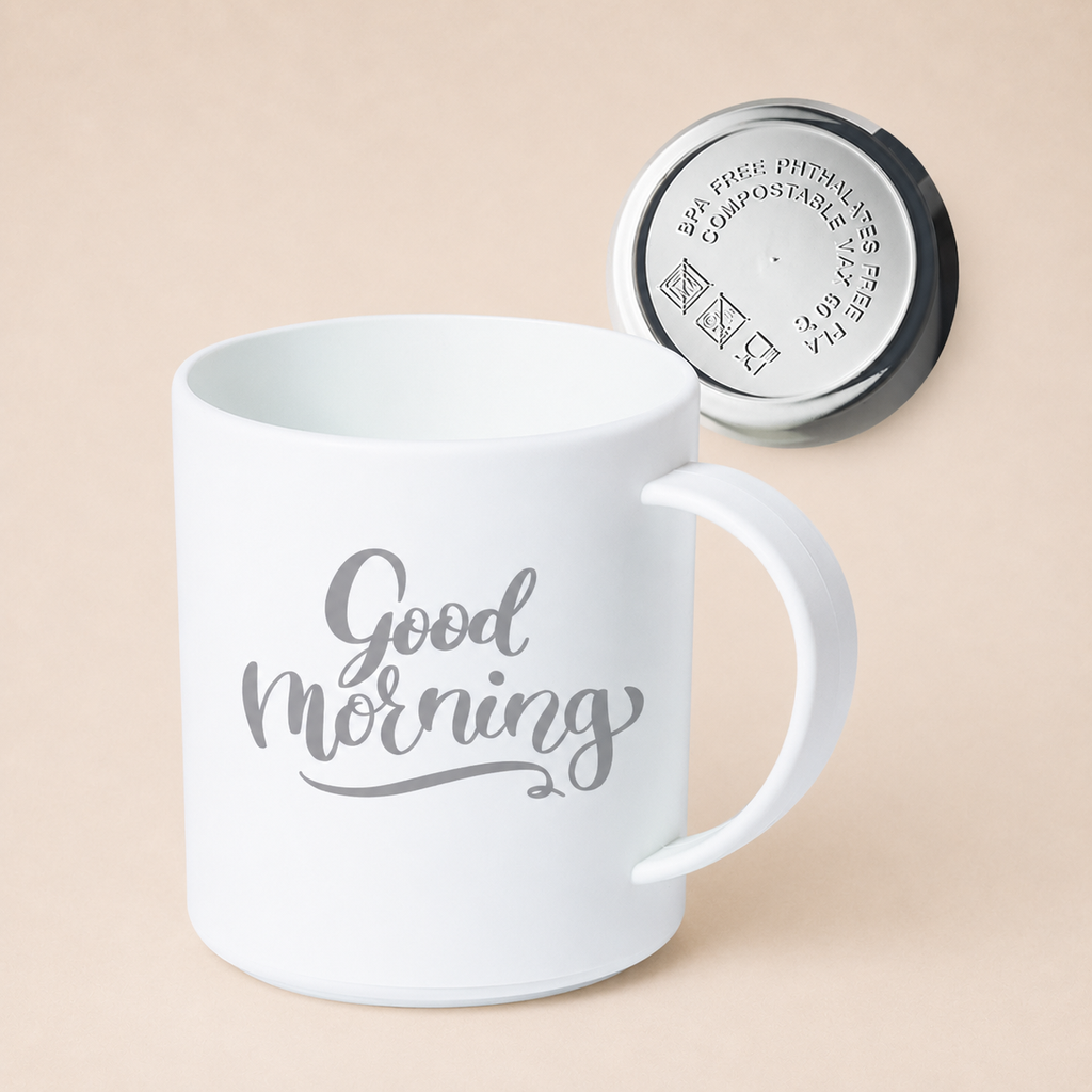 PLAMUG. Taza blanca de PLA reutilizable de 350ml