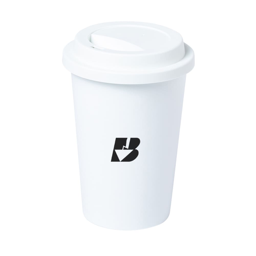 Weißer Becher mit wiederverwendbarem Deckel aus PLA PLACUP, 450ml