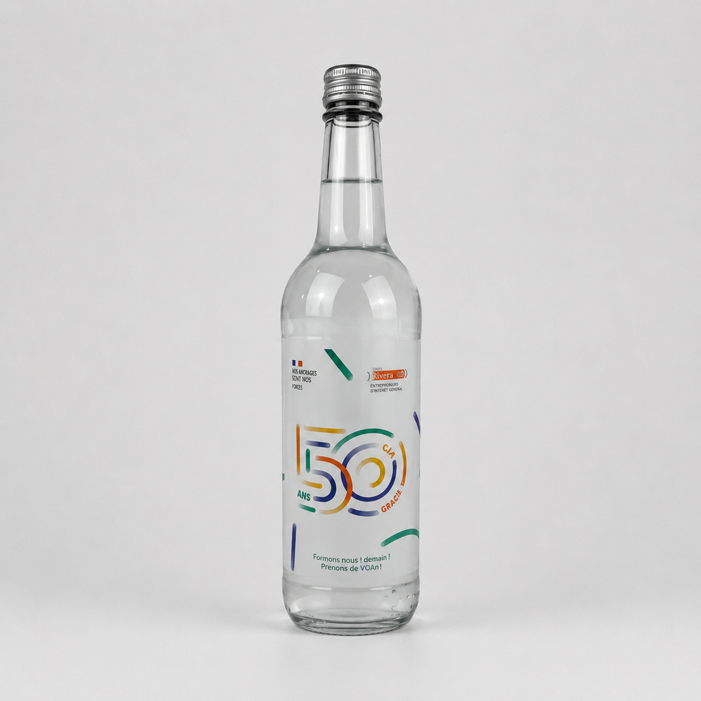 Botella de agua de cristal personalizada con tapón de rosca y etiqueta adhesiva