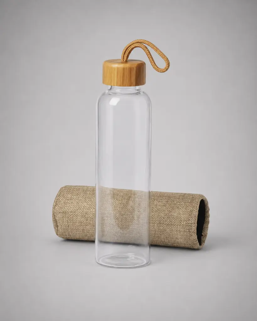 Botella de vidrio NATURE 55 con protección y tapón bambú