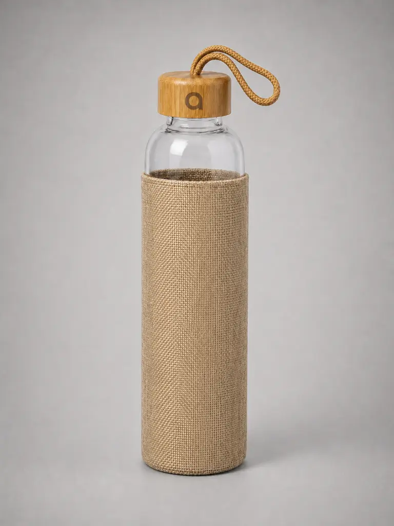 Botella de vidrio NATURE 55 con protección y tapón bambú