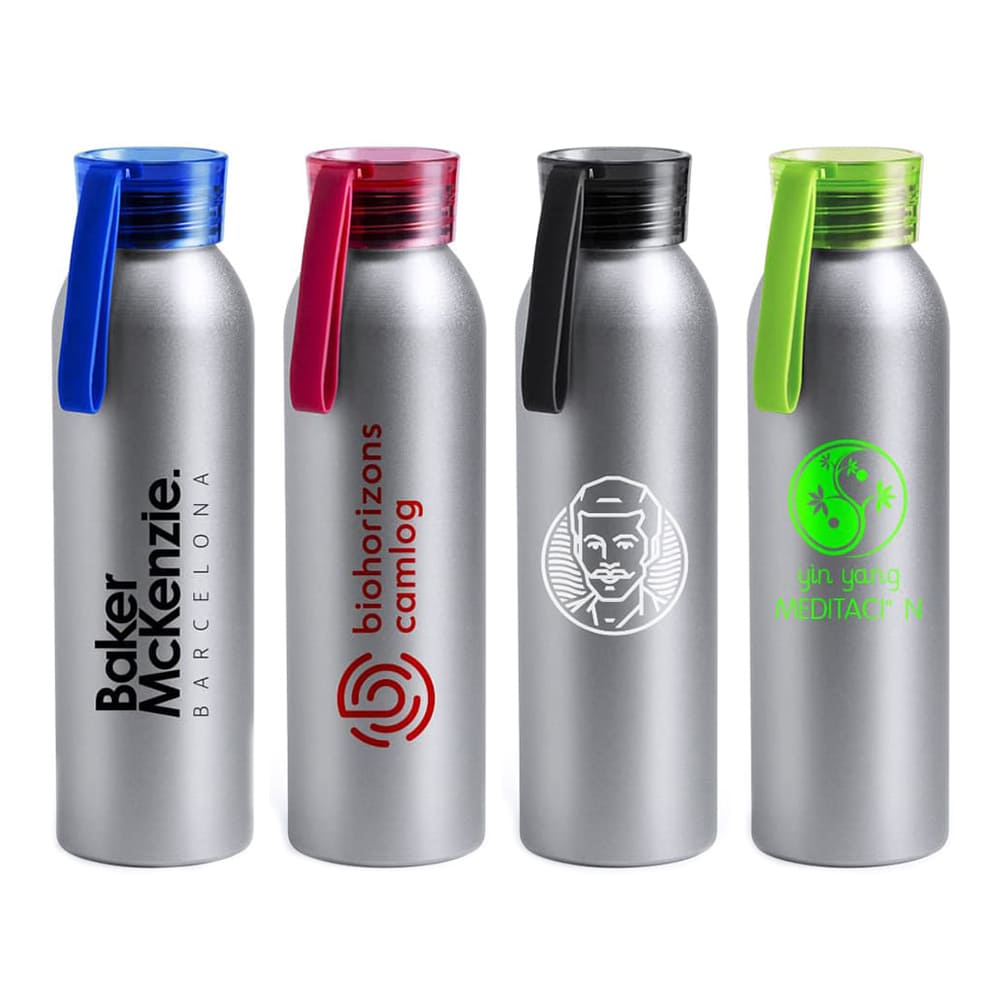 Gourde en métal argenté de 650 ml avec bouchon coloré TUPI. 