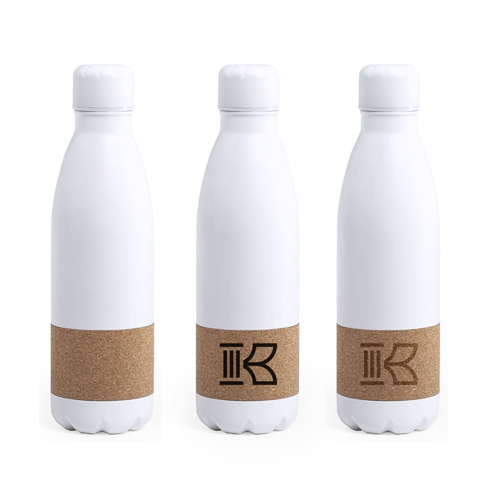 750ml White metal bottle with cork band REVA. 