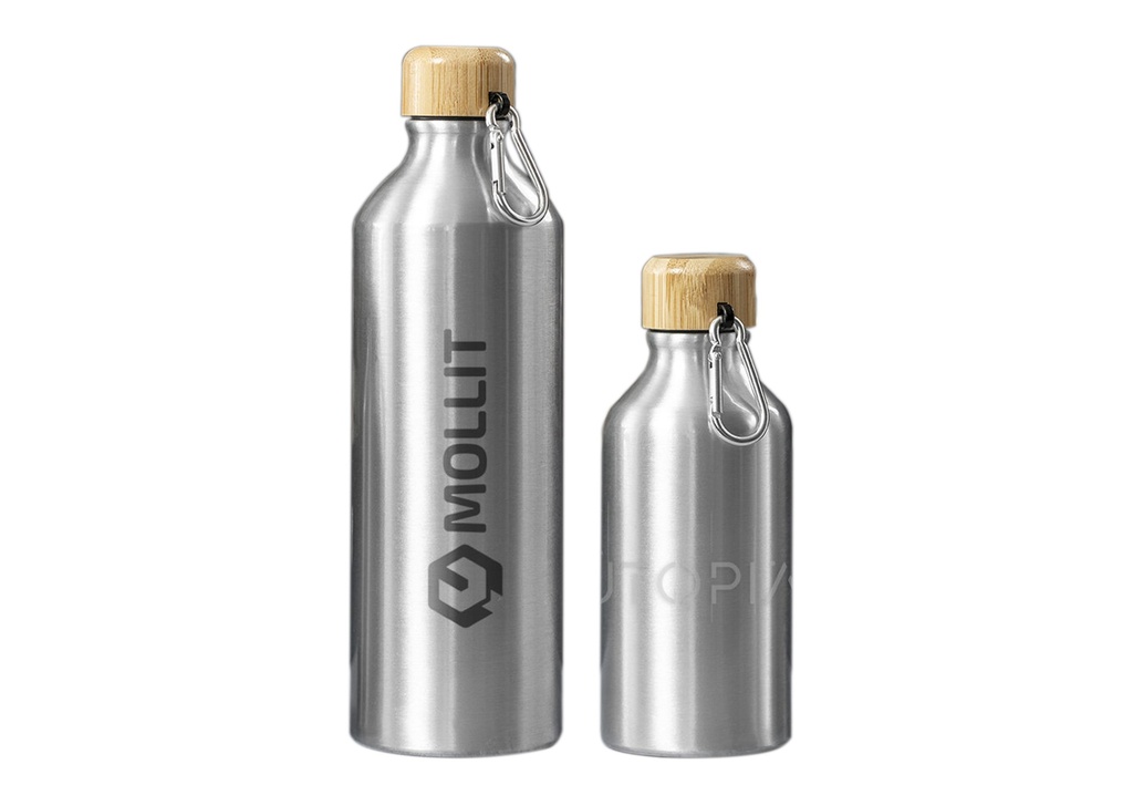 Bouteille en métal et bouchon en bois avec mousqueton YONI. 