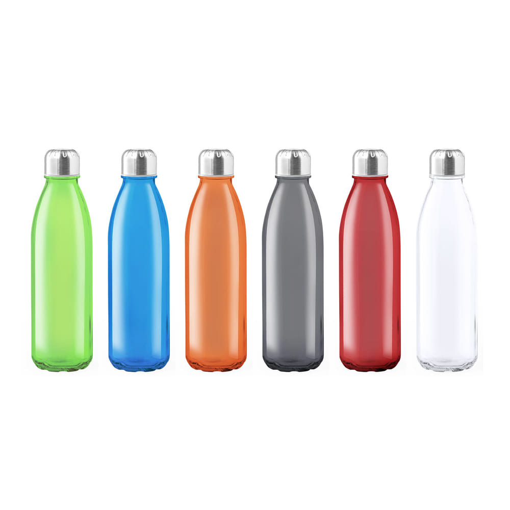 Botella de cristal de colores de 650ml y tapón inox SOLARIS.