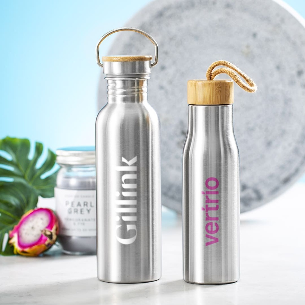 DRUCA. Bouteille métallique de 600ML avec bouchon en bambou