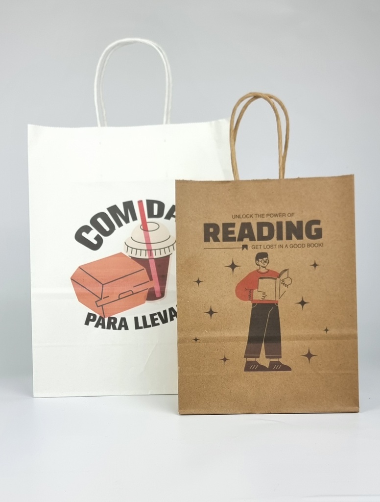 Sacs en papier avec poignées bouclées, disponibles en différentes tailles